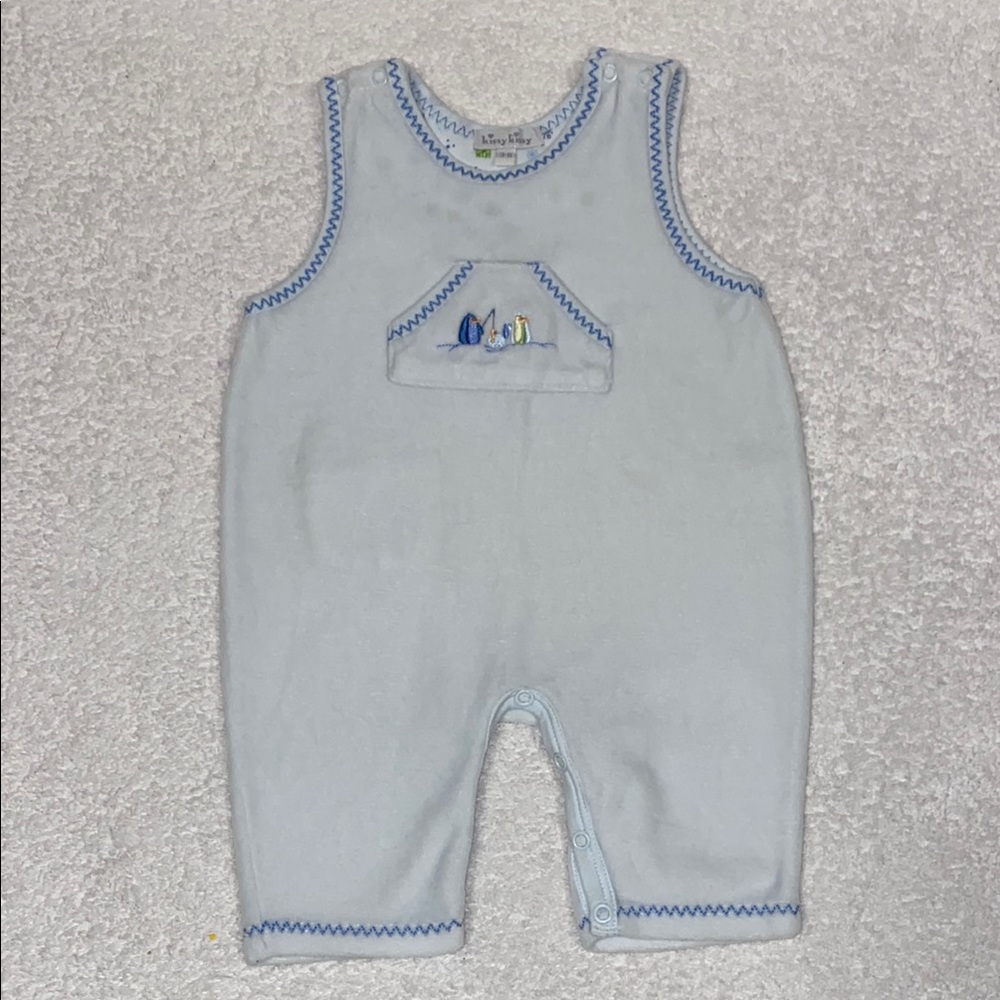 Kissy kissy Light Blue velour Baby Romper with Embroidery penguins 3/6m